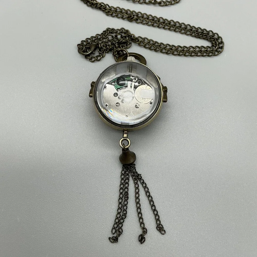 Globe Pendant Necklace Watch Women 32mm Beige Brass Tassel Chain New Battery